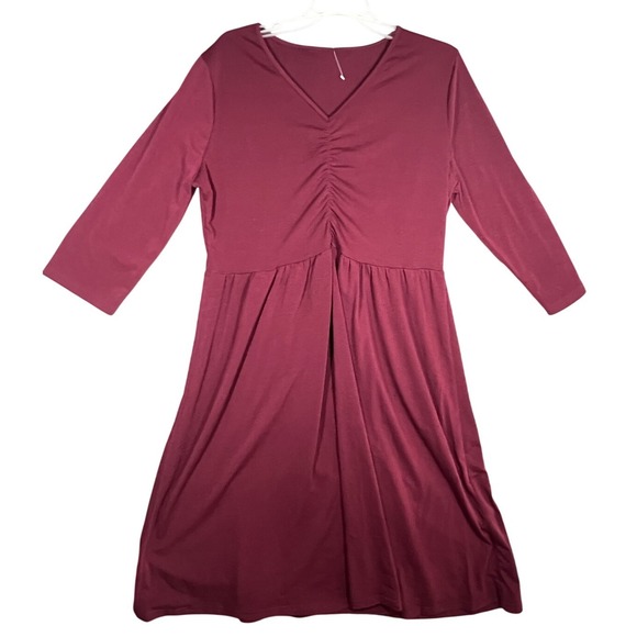 Does not apply Dresses & Skirts - Women's Burgundy V-Neck Ruched Empire Waist Knit Dress 3/4 Sleeve XL